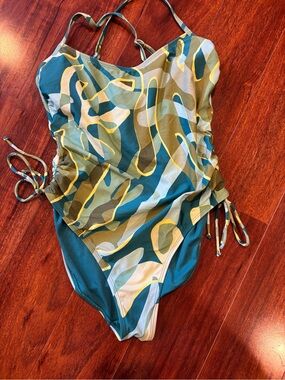Women's One-Piece Swimsuit in Teal & Olive Abstract Print
